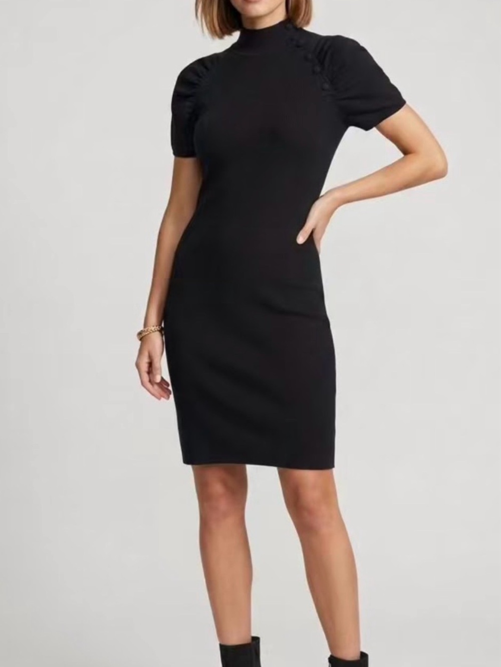 Fashion Staple “Little Black Dress” Short-Sleeve Mock Neck, Junior Medium